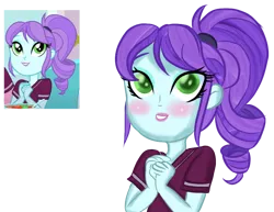Size: 820x634 | Tagged: safe, artist:rainbowstarcolour262, derpibooru import, crystal lullaby, human, equestria girls, equestria girls series, pinkie pie: snack psychic, blushing, clothes, cute, female, green eyes, happy, image, lipstick, lulladorable, png, ponytail, purple hair, redraw, screencap reference, shirt, simple background, smiling, solo, t-shirt, teeth, transparent background