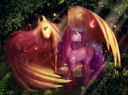 Size: 1400x1045 | Tagged: safe, artist:finchina, derpibooru import, fluttershy, izzy moonbow, butterfly, insect, pegasus, pony, unicorn, g5, duo, female, garden, image, jpeg, large wings, light rays, mare, smiling, wings