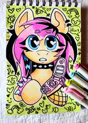 Size: 2892x4032 | Tagged: safe, artist:cocacolab, derpibooru import, fluttershy, pegasus, pony, beanbrows, bracelet, choker, emoshy, eye clipping through hair, eyebrows, eyebrows visible through hair, female, fishnets, flip phone, heart, heart eyes, high res, image, jpeg, looking at you, mare, mobile phone, phone, solo, spiked choker, spiked wristband, traditional art, wingding eyes, wristband