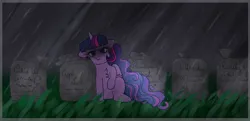 Size: 1280x617 | Tagged: safe, artist:mh-verse, derpibooru import, twilight sparkle, twilight sparkle (alicorn), alicorn, pony, ethereal mane, female, frown, gravestone, graveyard, image, immortality blues, implied mane six, leaning, mare, png, rain, solo