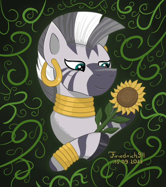 Size: 800x900 | Tagged: safe, artist:friedrich911, derpibooru import, zecora, zebra, abstract background, female, flower, image, mare, png, signature, smiling, solo, sunflower