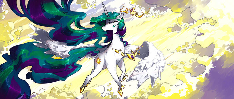 Size: 1280x543 | Tagged: safe, artist:elliemore-casp, derpibooru import, princess celestia, alicorn, pony, abstract background, breaking, crown, female, flying, hoof shoes, image, jewelry, jpeg, looking at you, mare, melting, regalia, solo