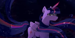 Size: 1243x643 | Tagged: safe, artist:elliemore-casp, derpibooru import, twilight sparkle, twilight sparkle (alicorn), alicorn, pony, female, glow, glowing horn, horn, image, jpeg, lidded eyes, mare, night, older twilight sparkle (alicorn), smiling, solo