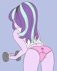 Size: 2362x2952 | Tagged: suggestive, artist:sumin6301, derpibooru import, edit, editor:mlplove, starlight glimmer, human, equestria girls, ass, bent over, blue background, bow, butt, cameltoe, clothes, frilly underwear, glimmer glutes, high res, image, lifting, panties, pink panties, pink underwear, png, ponytail, rear view, sexy, simple background, stupid sexy starlight glimmer, underwear, underwear edit, weight lifting, weights, white shirt, workout