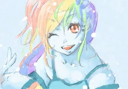 Size: 2048x1431 | Tagged: safe, artist:bonoramo, derpibooru import, rainbow dash, human, equestria girls, blue background, bust, female, image, jpeg, looking at you, one eye closed, open mouth, open smile, simple background, smiling, smiling at you, solo