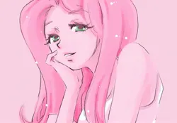 Size: 2048x1431 | Tagged: safe, artist:bonoramo, derpibooru import, fluttershy, human, equestria girls, female, hand on chin, image, jpeg, lidded eyes, limited palette, looking at you, pink background, simple background, smiling, smiling at you, solo