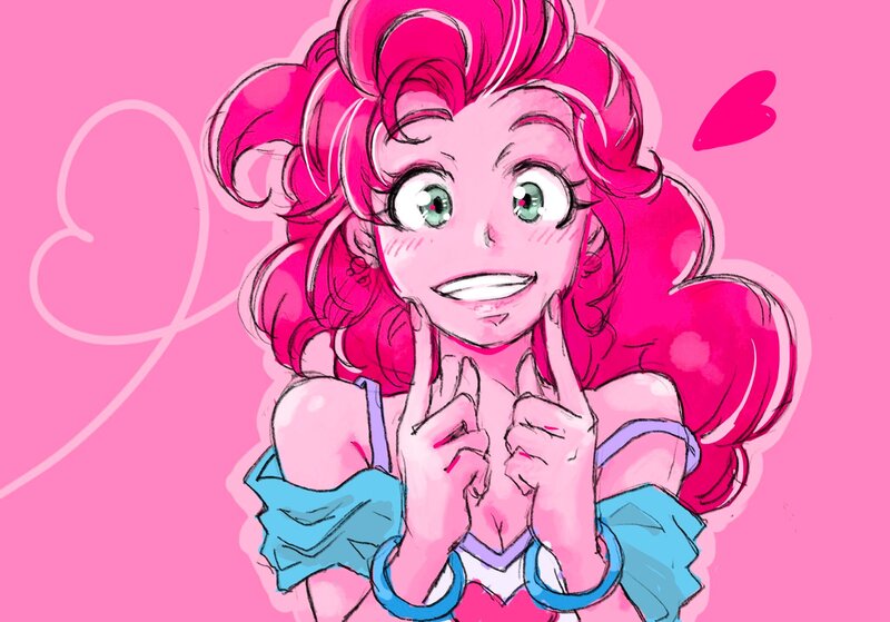 Size: 2048x1431 | Tagged: safe, artist:bonoramo, derpibooru import, pinkie pie, human, equestria girls, bust, clothes, grin, heart, image, jpeg, looking at you, off shoulder, pink background, simple background, smiling, smiling at you, solo