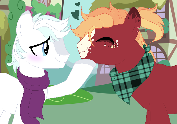 Size: 593x416 | Tagged: safe, artist:mh-verse, derpibooru import, big macintosh, double diamond, earth pony, pony, alternate hairstyle, bandana, base used, blushing, clothes, cute, doublemac, duo, duo male, eyes closed, gay, hoof on chin, image, male, png, scarf, shipping, smiling, stallion