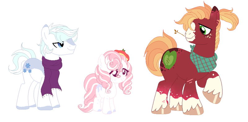 Size: 1068x526 | Tagged: safe, artist:mh-verse, derpibooru import, big macintosh, double diamond, earth pony, pony, bandana, base used, beret, clothes, coat markings, doublemac, family, female, filly, foal, freckles, gay, hat, image, magical gay spawn, male, offspring, parent:big macintosh, parent:double diamond, parents:doublemac, png, scarf, shipping, simple background, socks (coat marking), stallion, straw in mouth, trio, unshorn fetlocks, white background