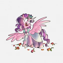 Size: 1368x1369 | Tagged: safe, artist:disaterror, derpibooru import, starlight glimmer, alicorn, pony, alicornified, alternate hairstyle, clothes, dress, ear piercing, earring, flower, happy, image, jewelry, jpeg, open mouth, open smile, piercing, race swap, rose, smiling, solo, spread wings, starlicorn, tiara, wings, xk-class end-of-the-world scenario