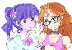 Size: 2048x1431 | Tagged: safe, artist:bonoramo, derpibooru import, sci-twi, sunset shimmer, twilight sparkle, human, equestria girls, accessory theft, blushing, choker, duo, duo female, female, flirting, glasses, grin, image, jpeg, lesbian, open mouth, scitwishimmer, shipping, simple background, smiling, spiked choker, sunsetsparkle, white background