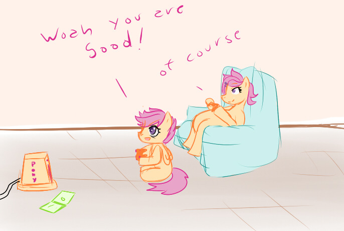 Size: 686x460 | Tagged: safe, artist:sagasshi, derpibooru import, scootaloo, pegasus, pony, controller, duo, female, filly, foal, image, jpeg, pregnant, pregnant scootaloo, sitting, video game