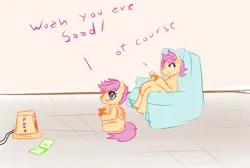 Size: 686x460 | Tagged: safe, artist:sagasshi, derpibooru import, scootaloo, pegasus, pony, controller, duo, female, filly, foal, image, jpeg, pregnant, pregnant scootaloo, sitting, video game
