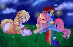 Size: 1110x720 | Tagged: safe, artist:mh-verse, derpibooru import, applejack, fluttershy, rainbow dash, earth pony, firefly (insect), insect, pegasus, pony, cider, cider mug, consoling, crying, cuddling, eyes closed, female, flutterdash, grass, grass field, image, lesbian, looking up, lying down, mare, mug, night, png, prone, sad, shipping, sitting, trio