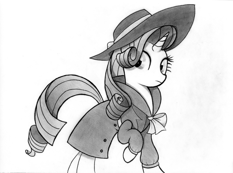 Size: 6605x4910 | Tagged: safe, artist:mizhisha, derpibooru import, rarity, pony, detective, detective rarity, female, image, mare, monochrome, png, simple background, solo, traditional art