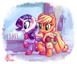 Size: 1550x1275 | Tagged: safe, artist:whitediamonds, derpibooru import, applejack, rarity, earth pony, pony, unicorn, applejack's hat, bag, clothes, cowboy hat, duo, duo female, eyebrows, eyebrows visible through hair, female, freckles, hat, horn, image, jacket, lesbian, looking at someone, looking at something, mare, open mouth, open smile, png, raised hoof, raised leg, rarijack, rarijack daily, saddle bag, scarf, shipping, shopping, signature, smiling