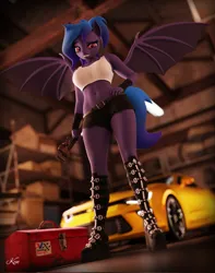 Size: 1617x2048 | Tagged: safe, artist:kenaga, derpibooru import, oc, oc:wavelength, anthro, bat pony, plantigrade anthro, 3d, bat pony oc, bat wings, belly button, boots, car, chevrolet camaro, clothes, eyebrows, fangs, female, image, indoors, jpeg, looking at you, looking down, looking down at you, midriff, raised eyebrow, shirt, shoes, sleeveless, smiling, smiling at you, solo, solo female, source filmmaker, spread wings, vehicle, wings, wrench