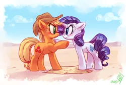 Size: 2050x1375 | Tagged: safe, artist:whitediamonds, derpibooru import, applejack, rarity, earth pony, pony, unicorn, angry, applejack's hat, blushing, cloud, cowboy hat, desert, duo, duo female, eye contact, female, freckles, frown, hat, horn, image, lesbian, looking at each other, looking at someone, map, mare, outdoors, png, raised hoof, rarijack, rarijack daily, scrunchy face, shipping, signature, sky, sweat, underhoof