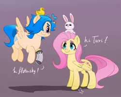 Size: 1280x1024 | Tagged: safe, artist:sussykitty666, derpibooru import, angel bunny, fluttershy, ponified, pegasus, pony, rabbit, angel riding fluttershy, animal, blush sticker, blushing, crossover, cute, dialogue, duo, female, hair over one eye, image, jpeg, looking at each other, looking at someone, mare, rubber duck, shyabetes, smiling, smiling at each other