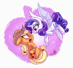 Size: 1800x1675 | Tagged: safe, artist:whitediamonds, derpibooru import, applejack, rarity, alicorn, bat pony, bat pony alicorn, earth pony, pony, alicornified, applejack's hat, bat ears, bat ponified, bat wings, bedroom eyes, blushing, cowboy hat, duo, duo female, fangs, female, floppy ears, flying, freckles, hat, horn, image, lesbian, looking at each other, looking at someone, mare, nose wrinkle, open mouth, png, race swap, raribat, raricorn, rarijack, rarijack daily, scrunchy face, shipping, signature, sparkles, spread wings, sweat, wings