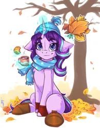 Size: 1200x1540 | Tagged: safe, artist:falafeljake, derpibooru import, starlight glimmer, pony, unicorn, boots, clothes, cookie, cute, dead tree, eyebrows, eyebrows visible through hair, female, floppy ears, food, glimmerbetes, glow, glowing horn, hat, horn, image, jpeg, leaves, levitation, looking at you, magic, magic aura, mare, mug, scarf, shoes, signature, smiling, smiling at you, solo, telekinesis, tree