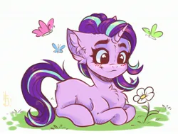 Size: 2912x2200 | Tagged: safe, artist:falafeljake, derpibooru import, starlight glimmer, butterfly, insect, pony, unicorn, blushing, chest fluff, cute, ear fluff, eyebrows, female, flower, glimmerbetes, high res, horn, image, jpeg, lying down, mare, ponyloaf, prone, signature, simple background, smiling, solo, white background