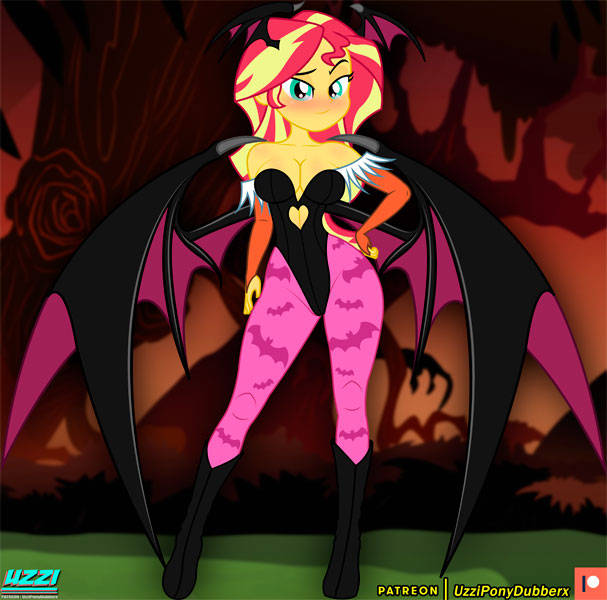 Size: 607x600 | Tagged: suggestive, artist:uzzi-ponydubberx, derpibooru import, sunset shimmer, human, equestria girls, blushing, breasts, busty sunset shimmer, capcom, clothes, cosplay, costume, darkstalkers, image, jpeg, looking at you, morrigan aensland, patreon, patreon logo, smiling, smiling at you