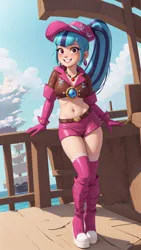 Size: 1080x1920 | Tagged: suggestive, derpibooru import, machine learning generated, stable diffusion, sonata dusk, human, ai content, belly button, blue hair, boots, booty shorts, breasts, clothes, cloud, ear piercing, earring, female, generator:matrixhentaitoonv13betavae, generator:mlpsonatadusk-10, gloves, grin, hat, image, jewel, jewelry, jpeg, lace, looking at you, midriff, multicolored hair, necklace, ocean, piercing, pirate ship, ponytail, prompt in description, prompter:marusame, reasonably sized breasts, shoes, smiling, solo, solo female, standing, thigh boots, water