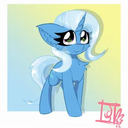 Size: 2000x2000 | Tagged: safe, artist:jubyskylines, derpibooru import, trixie, pony, unicorn, chest fluff, cute, diatrixes, ear fluff, female, gradient background, high res, horn, image, jpeg, leg fluff, looking at you, mare, passepartout, signature, smiling, smiling at you, solo