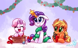 Size: 2000x1225 | Tagged: safe, artist:whitediamonds, derpibooru import, applejack, rarity, sweetie belle, earth pony, pony, unicorn, applejack's hat, belle sisters, box, christmas, christmas ornament, cowboy hat, cute, decoration, diasweetes, eyebrows, eyebrows visible through hair, eyes closed, female, filly, floppy ears, foal, freckles, hat, holiday, horn, image, lesbian, looking at someone, lying down, mare, open mouth, png, prone, rarijack, rarijack daily, shipping, siblings, signature, sisters, sitting, smiling, trio