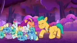 Size: 3072x1727 | Tagged: safe, derpibooru import, screencap, hitch trailblazer, sunny starscout, bunnycorn, earth pony, pony, rabbit, raccoon, g5, my little pony: tell your tale, spoiler:g5, spoiler:my little pony: tell your tale, spoiler:tyts01e60, animal, drink, female, frown, image, jpeg, male, mare, open mouth, open smile, raccoonicorn, scents of adventure, smiling, smoothie, stallion