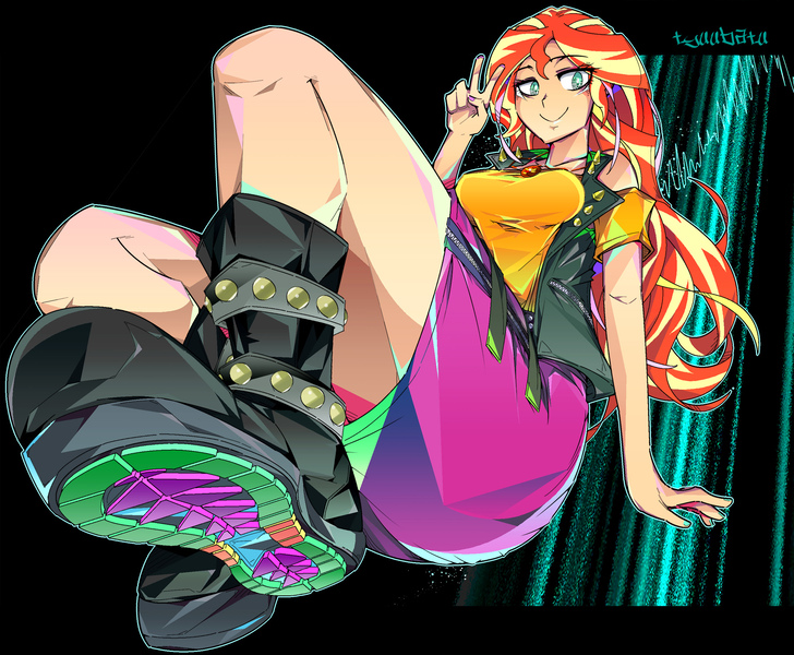 Size: 1800x1483 | Tagged: safe, artist:tyuubatu, derpibooru import, sunset shimmer, human, equestria girls, clothes, female, image, jpeg, leather, leather vest, legs, looking at you, peace sign, sitting, skirt, smiling, smiling at you, solo, solo female, spikes, vest