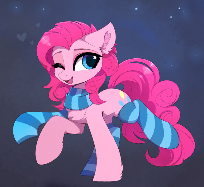 Size: 2969x2719 | Tagged: safe, artist:magnaluna, derpibooru import, pinkie pie, earth pony, pony, chest fluff, clothes, colored eyebrows, cute, diapinkes, ear fluff, eyebrows, female, high res, image, looking at you, mare, one eye closed, open mouth, open smile, png, raised hoof, raised leg, scarf, smiling, smiling at you, socks, solo, striped scarf, striped socks, wink, winking at you