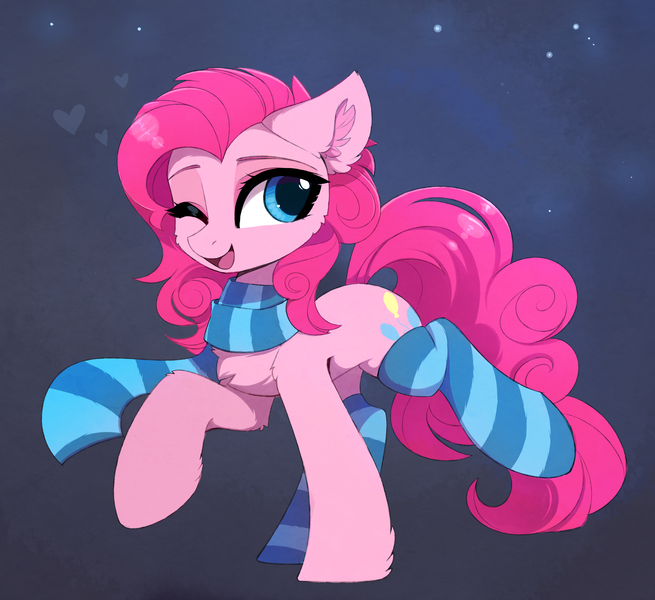 Size: 2969x2719 | Tagged: safe, artist:magnaluna, derpibooru import, pinkie pie, earth pony, pony, chest fluff, clothes, colored eyebrows, cute, diapinkes, ear fluff, eyebrows, female, high res, image, looking at you, mare, one eye closed, open mouth, open smile, png, raised hoof, raised leg, scarf, simple background, smiling, smiling at you, socks, solo, striped scarf, striped socks, wink, winking at you