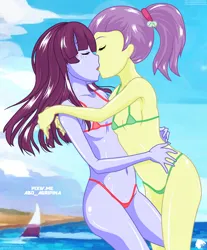 Size: 2432x2944 | Tagged: suggestive, artist:aboimages03, kimberlite, lily pad (equestria girls), equestria girls, beach, belly button, bikini, breasts, clothes, hug, image, png, ponytail, shipping, small breasts, swimsuit, underage