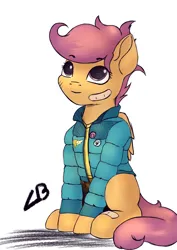 Size: 4961x7016 | Tagged: safe, artist:db, derpibooru import, scootaloo, pegasus, clothes, cute, image, jacket, png, puffy jacket, solo