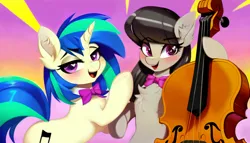 Size: 2688x1536 | Tagged: safe, derpibooru import, machine learning generated, stable diffusion, octavia melody, vinyl scratch, earth pony, pony, unicorn, abstract background, ai content, bipedal, bowtie, cello, duo, female, generator:pony diffusion v5, holding, image, jpeg, looking at you, mare, musical instrument, open mouth, open smile, prompter:siber, smiling, smiling at you