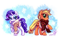 Size: 1650x1100 | Tagged: safe, artist:whitediamonds, derpibooru import, applejack, rarity, earth pony, pony, unicorn, applejack's hat, bedroom eyes, clothes, coat, cowboy hat, duo, duo female, female, freckles, hat, horn, image, lesbian, mare, png, raised hoof, rarijack, rarijack daily, scarf, shipping, signature, smiling, snow, snowfall, snowflake, winter, winter outfit