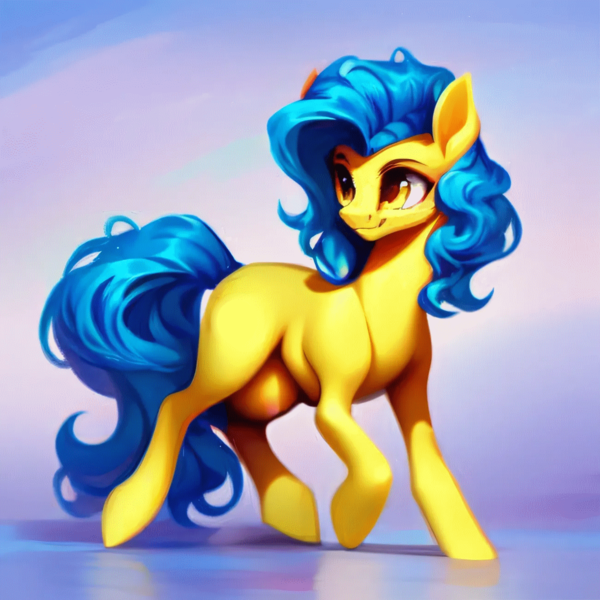 Size: 1301x1301 | Tagged: suggestive, derpibooru import, edit, machine learning generated, stable diffusion, oc, oc:milky way, earth pony, pony, ai content, blue mane, blue tail, crotchboobs, cute, female, generator:purplesmart.ai, image, looking to the left, mare, missing cutie mark, nudity, orange eyes, png, sideways glance, simple background, smiling, tail, walking, wrong eye color, yellow skin