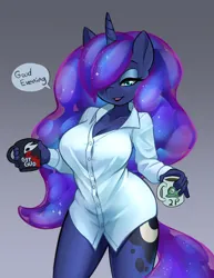 Size: 1280x1660 | Tagged: safe, artist:dstears, derpibooru import, princess luna, alicorn, anthro, gamer luna, beautiful, beautisexy, big breasts, bottomless, breasts, cap, clothes, coffee mug, dialogue, female, git gud, hair over one eye, hat, hollow knight, image, jpeg, lidded eyes, looking at you, luigi's hat, mug, partial nudity, reasonably sized breasts, sexy, shirt, smiling, stupid sexy princess luna, super mario bros., tail, talking to viewer