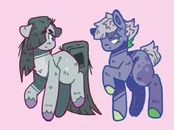 Size: 1024x768 | Tagged: safe, artist:tottallytoby, derpibooru import, limestone pie, marble pie, earth pony, pony, alternate design, beanbrows, body markings, chest fluff, colored eyelashes, colored hooves, duo, elbow fluff, eyebrows, female, floppy ears, green eyes, image, lidded eyes, looking at someone, mare, pale belly, pink background, png, purple eyes, raised hoof, siblings, simple background, sisters, thick eyebrows, unshorn fetlocks