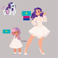 Size: 2048x2048 | Tagged: safe, artist:cryweas, derpibooru import, rarity, sweetie belle, human, pony, unicorn, alternate hairstyle, bisexual pride flag, blushing, clothes, dress, duo, ear piercing, earring, elf ears, eyeshadow, female, filly, flats, foal, gray background, grin, hairband, high heels, humanized, image, jewelry, jpeg, kazakhstan, lipstick, makeup, mare, nail polish, piercing, pride, pride flag, ring, shoes, siblings, simple background, sisters, smiling, socks