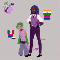Size: 2048x2048 | Tagged: safe, artist:cryweas, derpibooru import, spike, twilight sparkle, twilight sparkle (alicorn), alicorn, dragon, human, pony, alternate hairstyle, belt, bisexual pride flag, blushing, clothes, converse, dark skin, denim, duo, ear piercing, eared humanization, earring, elf ears, female, gloves, gray background, grin, gritted teeth, hairband, hispanic, hoodie, humanized, image, india, indian, jeans, jewelry, jpeg, mare, mexican, mexican flag, necktie, nonbinary, pants, piercing, pride, pride flag, scales, shirt, shoes, simple background, sleeveless, smiling, socks, tail, tailed humanization, teeth, vest, winged spike, wings