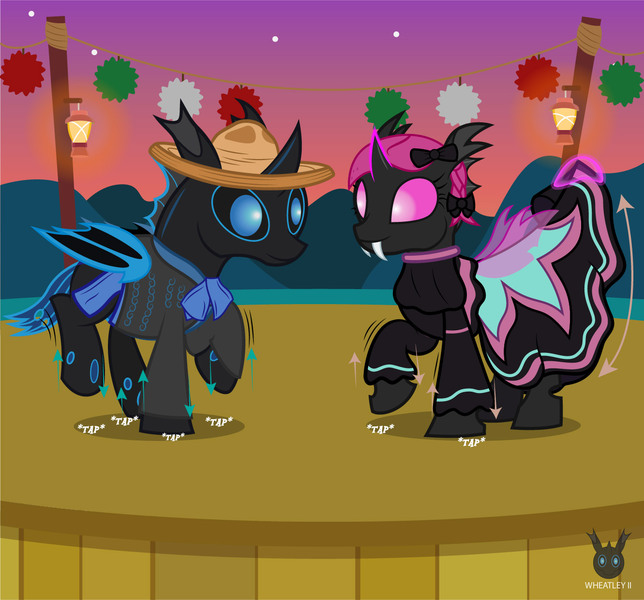 Size: 1331x1241 | Tagged: safe, artist:wheatley r.h., derpibooru import, oc, oc:lara, oc:w. rhinestone eyes, unofficial characters only, changeling, pony, bat wings, blue changeling, bow, changeling magic, charro, dancing, derpibooru exclusive, female, folded wings, glow, glowing horn, hair bow, happy, honeypot changeling, horn, image, jalisco dress, jpeg, lamp, magic, male, mare, mexico, onomatopoeia, pink changeling, september 16th, stallion, sunset, telekinesis, vector, watermark, wings