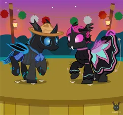 Size: 1331x1241 | Tagged: safe, artist:wheatley r.h., derpibooru import, oc, oc:lara, oc:w. rhinestone eyes, unofficial characters only, changeling, pony, bat wings, blue changeling, bow, changeling magic, charro, dancing, derpibooru exclusive, female, folded wings, glow, glowing horn, hair bow, happy, honeypot changeling, horn, image, jalisco dress, jpeg, lamp, magic, male, mare, mexico, onomatopoeia, pink changeling, september 16th, stallion, sunset, telekinesis, vector, watermark, wings