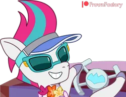 Size: 2584x2000 | Tagged: safe, artist:frownfactory, derpibooru import, zipp storm, pegasus, pony, g5, my little pony: tell your tale, baseball cap, cap, female, flower, grin, hat, image, looking at you, looking back, mare, marestream, png, simple background, smiling, solo, steering wheel, sunglasses, transparent background, vector, wreath