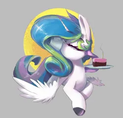 Size: 3212x3080 | Tagged: safe, artist:i love hurt, derpibooru import, princess celestia, alicorn, pony, cake, cakelestia, cute, female, food, g4, gray background, image, mare, nimbus, png, simple background, solo