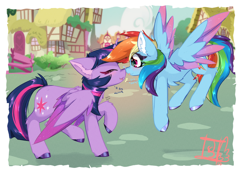 Size: 4093x2894 | Tagged: safe, artist:jubyskylines, derpibooru import, rainbow dash, twilight sparkle, twilight sparkle (alicorn), alicorn, pegasus, pony, boop, colored wings, dialogue, duo, ear fluff, female, flying, heartbeat, image, lesbian, mare, multicolored wings, noseboop, png, ponyville, shipping, side view, smiling, tongue out, twidash, wings