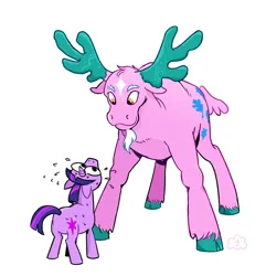 Size: 2048x2128 | Tagged: safe, artist:cracklewink, derpibooru import, twilight sparkle, moose, unicorn, g1, antlers, blaze (coat marking), cloven hooves, coat markings, facial hair, facial markings, goatee, image, jpeg, oakly, simple background, size difference, white background