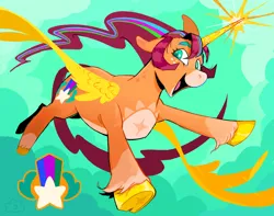 Size: 2048x1614 | Tagged: safe, artist:cracklewink, derpibooru import, sunny starscout, g5, alternate cutie mark, alternate hairstyle, artificial horn, artificial wings, augmented, coat markings, colored hooves, gold hooves, hooves, horn, image, jpeg, magic, magic horn, magic wings, redesign, wings